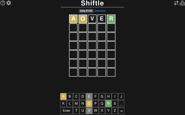 Shiftle Daily #1449 board on desktop: the first guess AOVER coloured yellow and green, six empty rows and the on-screen keyboard below