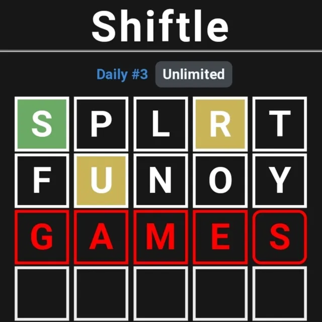 Shiftle Daily #3 grid with guesses SPLRT and FUNOY coloured green and yellow
