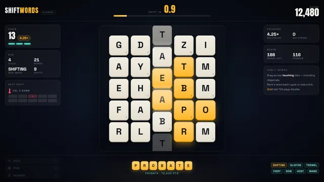 Shiftwords board mid-run: a 5x5 letter grid with column 3 sliding, PROBATE traced in gold, chain and multiplier panels and the score