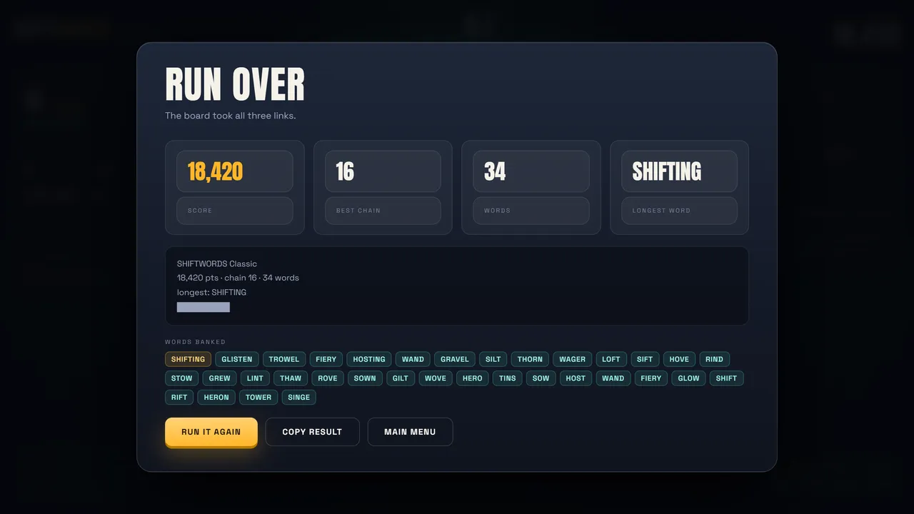 Shiftwords run over screen with score, best chain, word count, longest word and the list of words banked