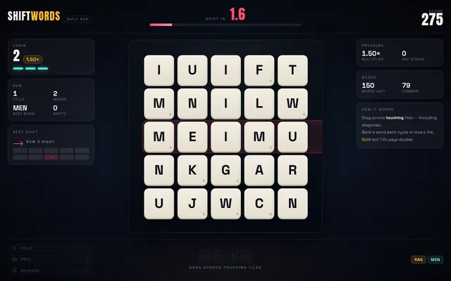Shiftwords Daily #28 on 28 October 2026: the 5x5 letter board with row 3 marked to slide right, MEN and RAG banked, chain 2 and 275 points