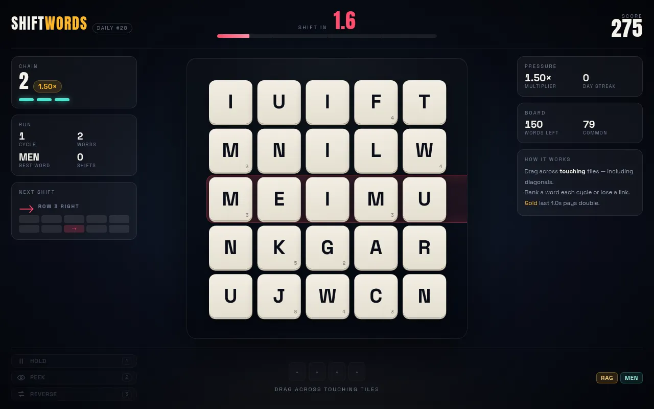 Shiftwords Daily #28 on 28 October 2026: the 5x5 letter board with row 3 marked to slide right, MEN and RAG banked, chain 2 and 275 points