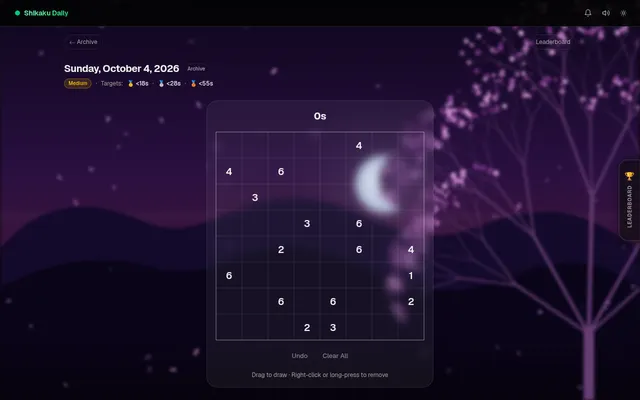 Shikaku Daily's puzzle for Sunday, October 4, 2026: an empty Medium 8 by 8 grid of number clues with its gold, silver and bronze target times