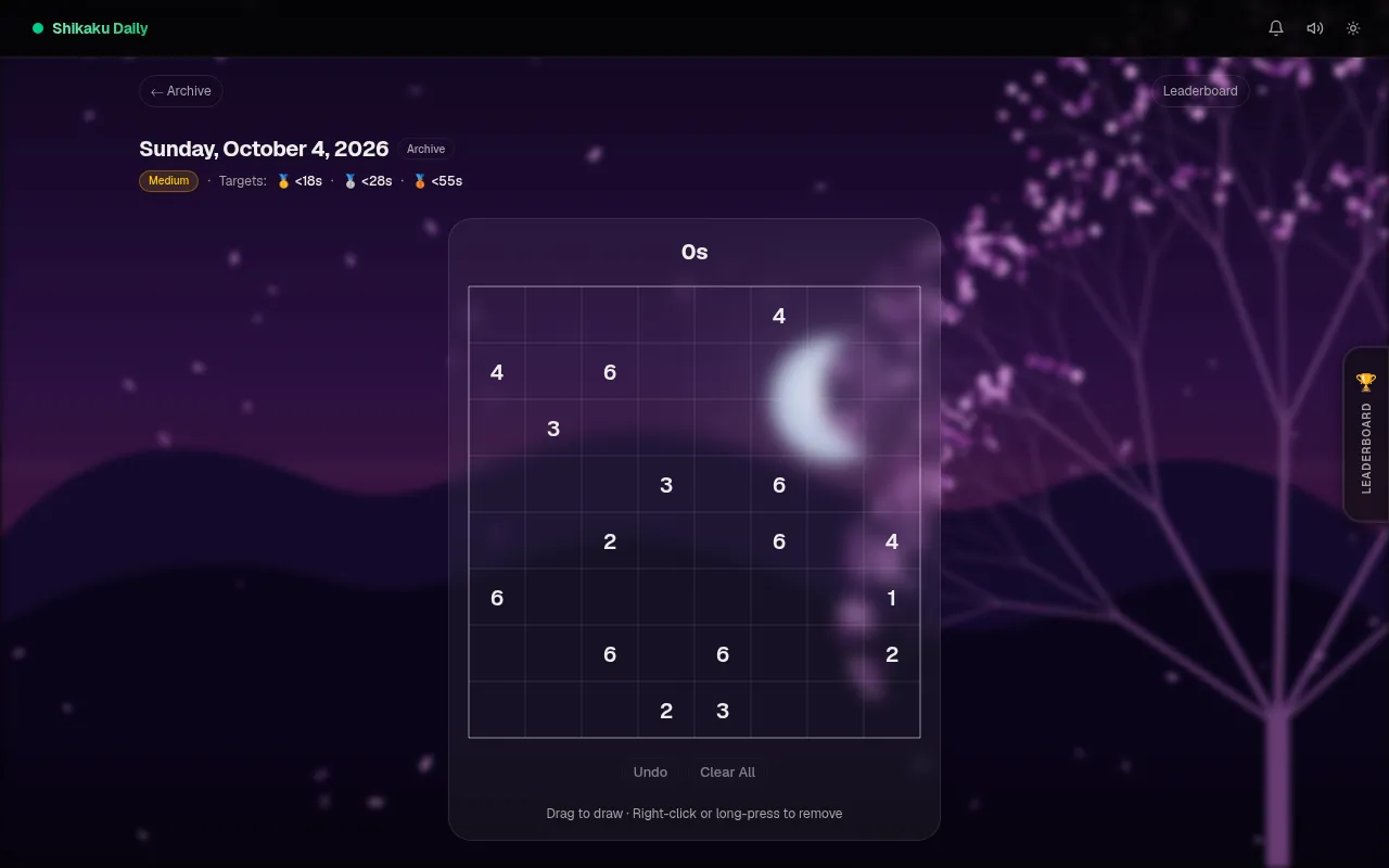 Shikaku Daily's puzzle for Sunday, October 4, 2026: an empty Medium 8 by 8 grid of number clues with its gold, silver and bronze target times