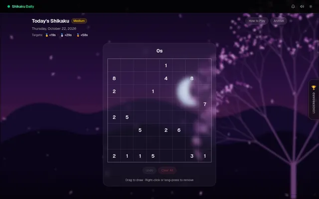 Shikaku Daily's puzzle for Thursday, October 22, 2026: an empty Medium 8 by 8 grid of area clues, with gold, silver and bronze targets of 19, 29 and 58 seconds