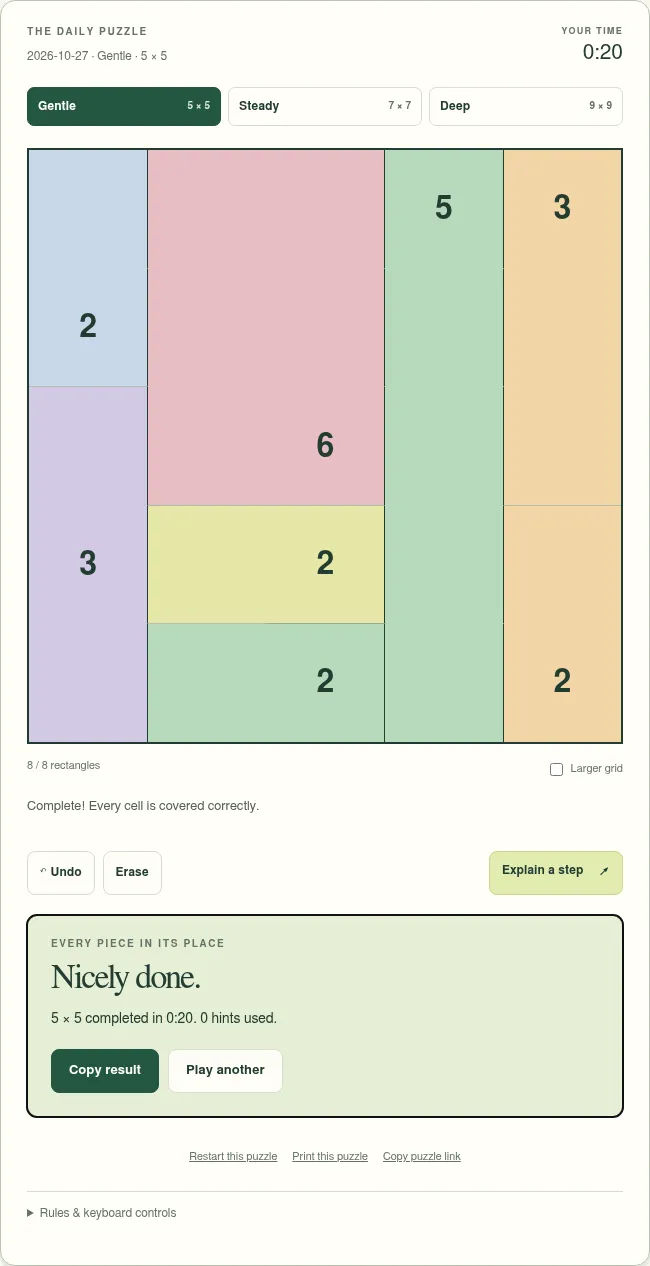The 27 October 2026 Gentle 5x5 grid of Shikaku Grove solved, eight coloured rectangles and the Nicely done panel with the time and hints used