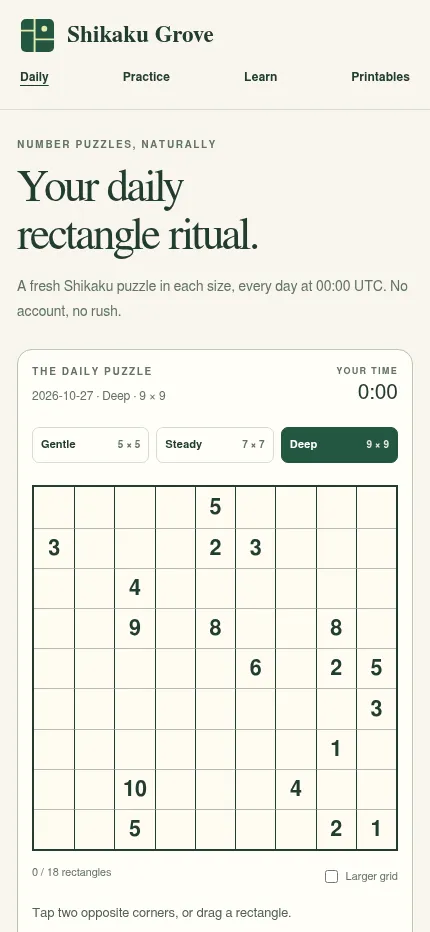 Shikaku Grove on a phone: the Deep 9x9 daily grid for 27 October 2026 with its numbers, under the Gentle, Steady and Deep size buttons