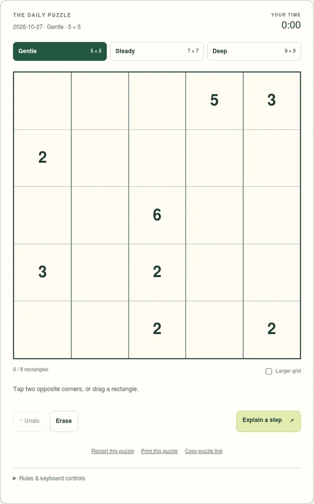 The Shikaku Grove Gentle 5x5 daily grid for 27 October 2026, with the numbers 5, 3, 2, 6, 3, 2, 2 and 2 waiting to be split into rectangles