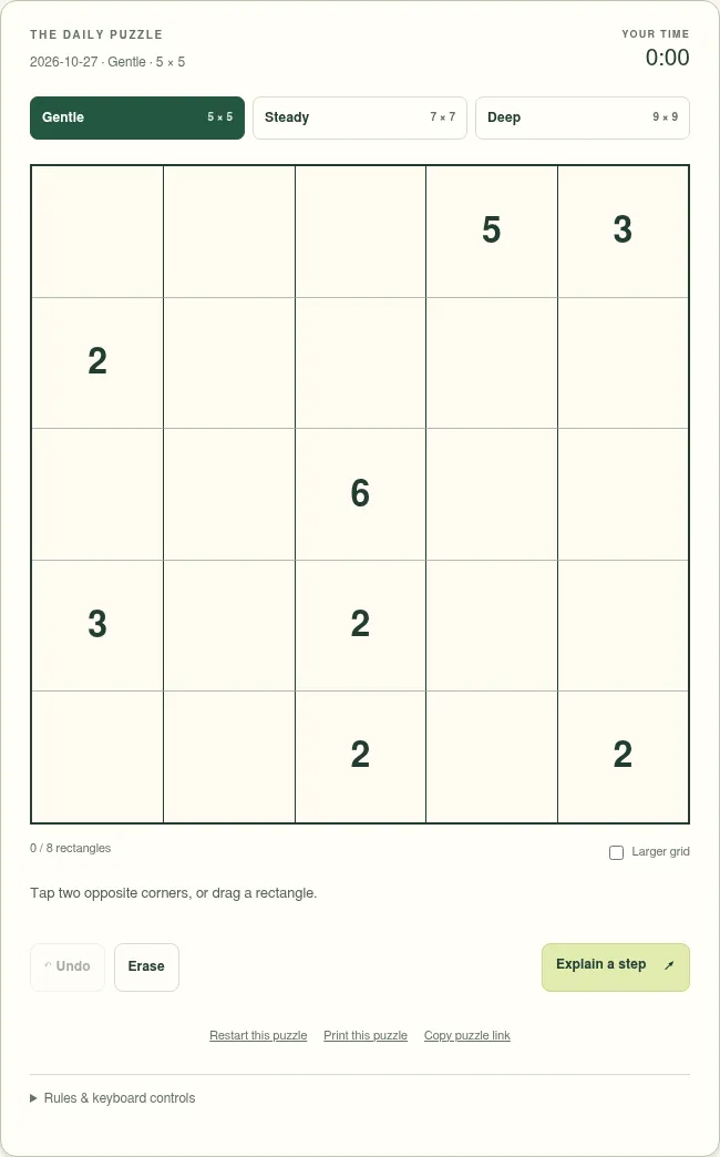 The Shikaku Grove Gentle 5x5 daily grid for 27 October 2026, with the numbers 5, 3, 2, 6, 3, 2, 2 and 2 waiting to be split into rectangles