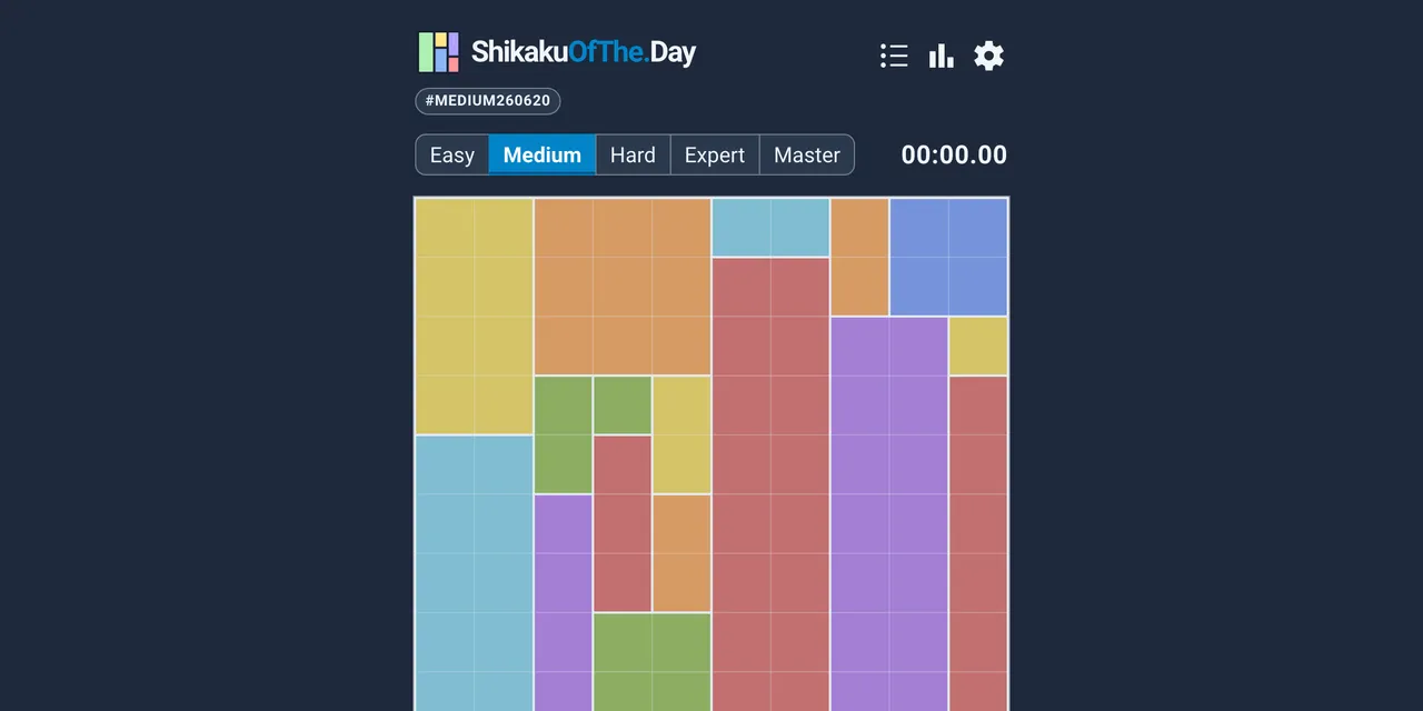 A solved Medium Shikaku grid on ShikakuOfThe.Day, filled with coloured rectangles