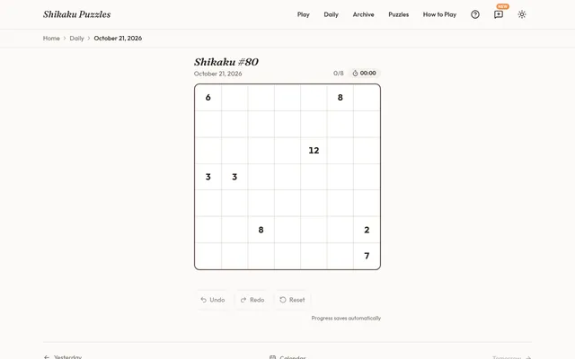 Shikaku #80 for October 21, 2026 on Shikaku Puzzles: an empty 7 by 7 grid with clues 6, 8, 12, 3, 3, 8, 2 and 7, a 0/8 rectangle count, a timer and Undo, Redo, Reset