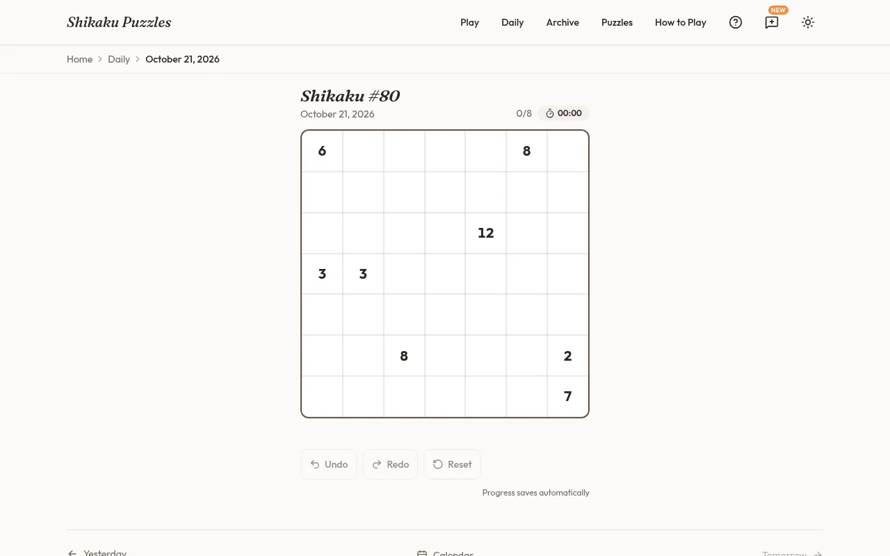 Shikaku #80 for October 21, 2026 on Shikaku Puzzles: an empty 7 by 7 grid with clues 6, 8, 12, 3, 3, 8, 2 and 7, a 0/8 rectangle count, a timer and Undo, Redo, Reset