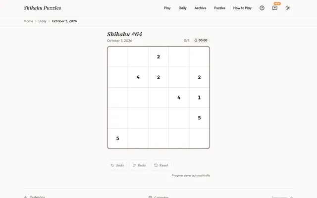 Shikaku #64 for October 5, 2026 on Shikaku Puzzles: an empty 5 by 5 grid with its number clues, a 0/8 rectangle count and a timer