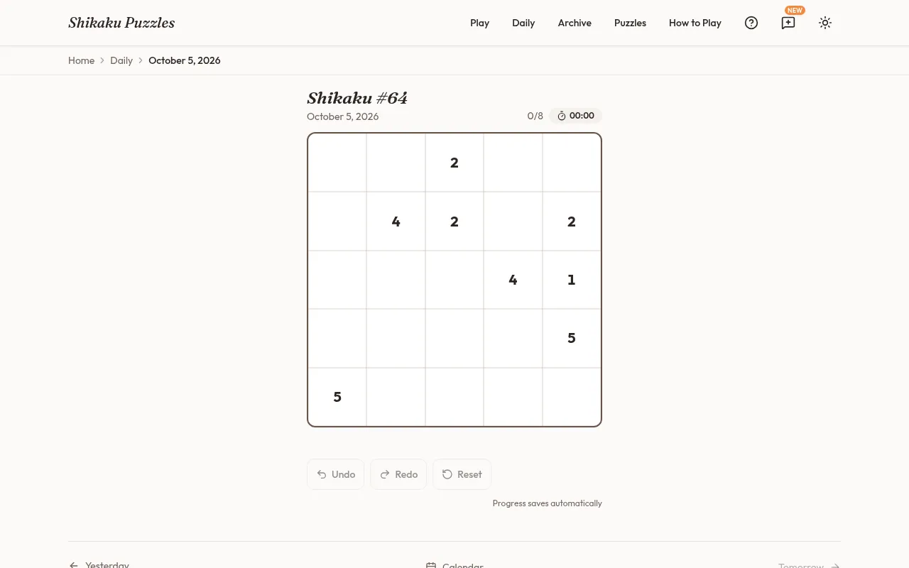 Shikaku #64 for October 5, 2026 on Shikaku Puzzles: an empty 5 by 5 grid with its number clues, a 0/8 rectangle count and a timer