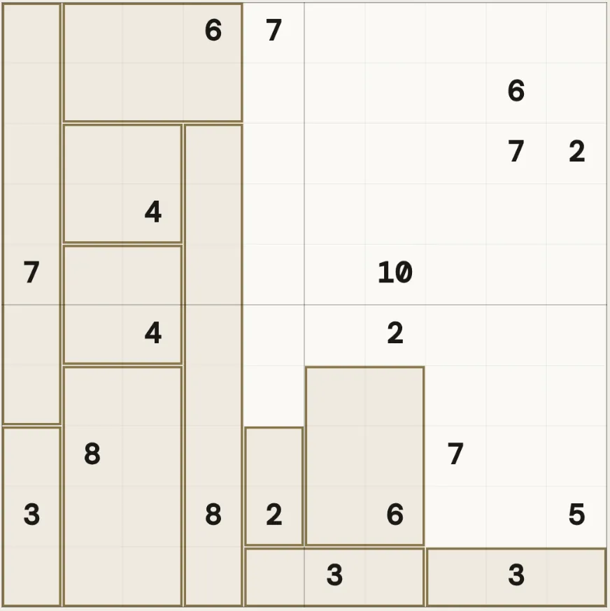 A shikaku.ch grid part solved, with rectangles drawn around the clues on the left half