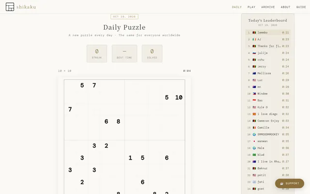 shikaku.ch's daily puzzle for October 19, 2026 under way: a 10 by 10 grid of number clues with the clock running, beside Today's Leaderboard of solve times