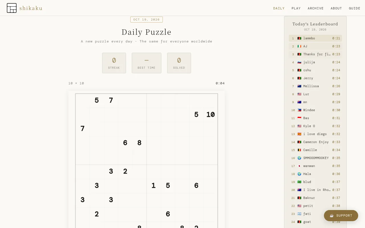 shikaku.ch's daily puzzle for October 19, 2026 under way: a 10 by 10 grid of number clues with the clock running, beside Today's Leaderboard of solve times