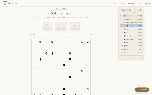 shikaku.ch's daily puzzle for October 5, 2026: a 10 by 10 grid of number clues beside Today's Leaderboard of solve times