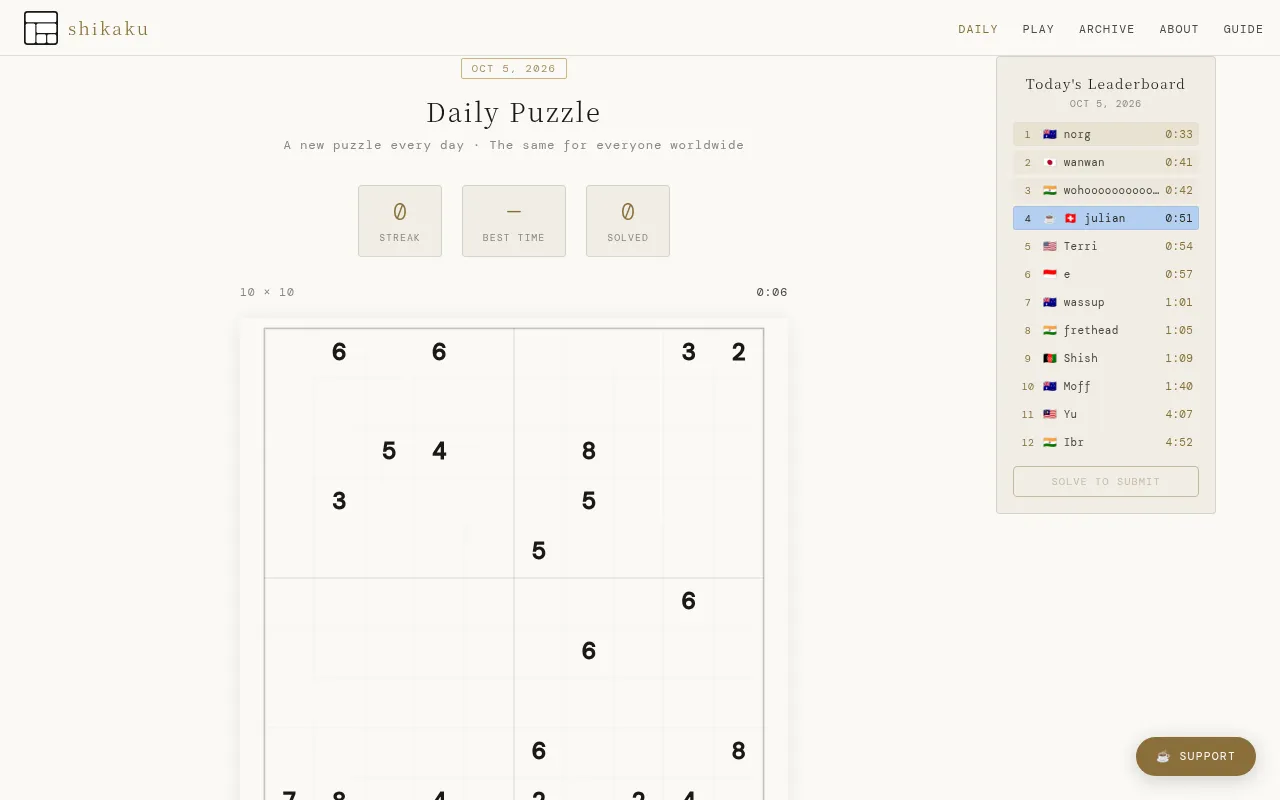 shikaku.ch's daily puzzle for October 5, 2026: a 10 by 10 grid of number clues beside Today's Leaderboard of solve times