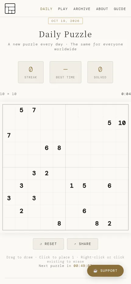 The October 19, 2026 daily 10 by 10 Shikaku on a phone screen, with the grid filling the width and Reset and Share buttons below