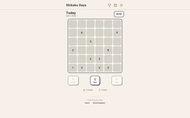 Shikaku Days board for Oct 7, 2026: a six by six grid with number clues 6, 5, 3, 2, 8 and more, the timer running, and Undo, Hint and Clear buttons