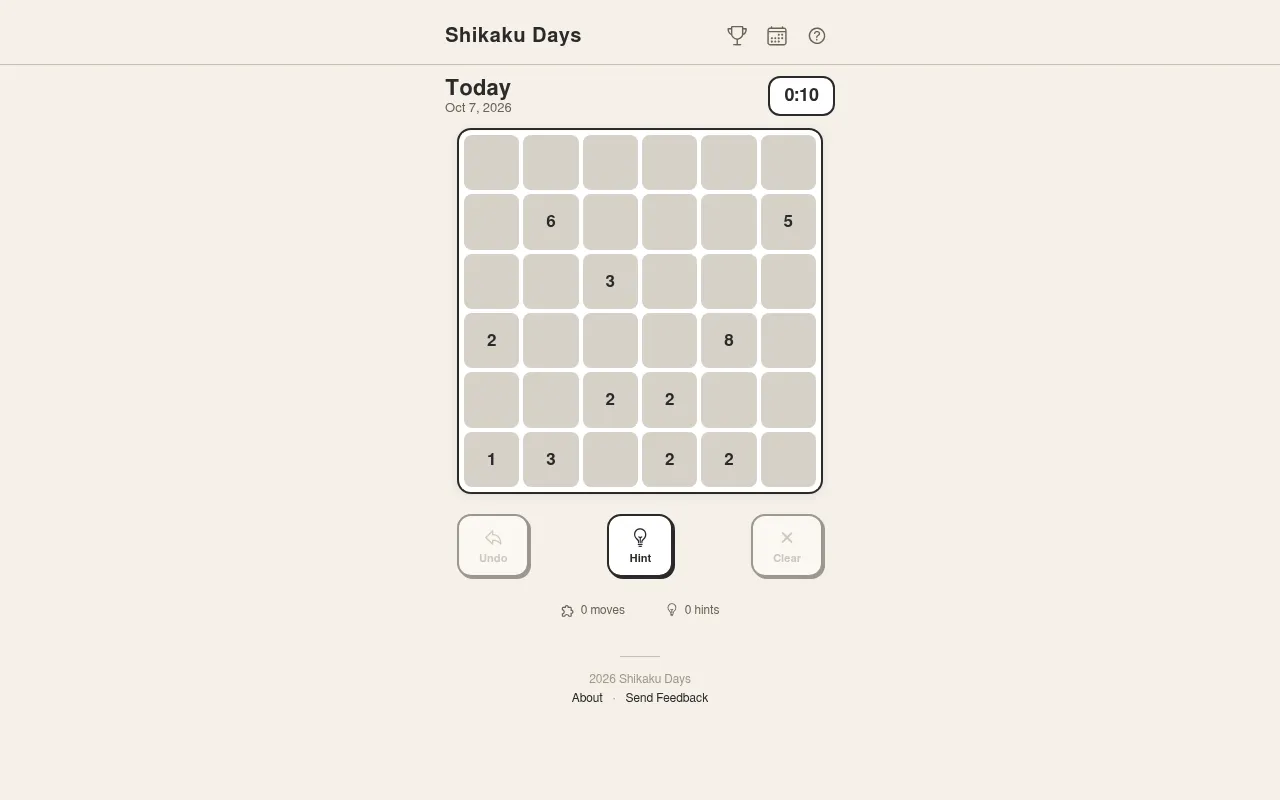 Shikaku Days board for Oct 7, 2026: a six by six grid with number clues 6, 5, 3, 2, 8 and more, the timer running, and Undo, Hint and Clear buttons