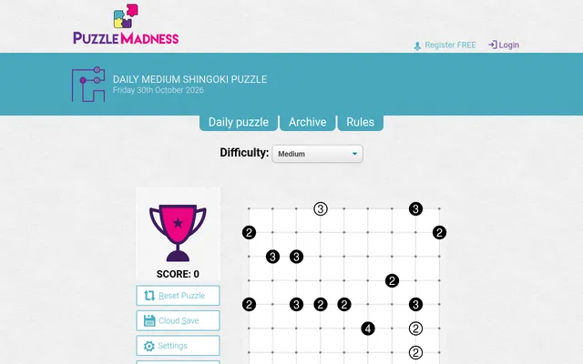Today's Medium Shingoki on PuzzleMadness, 30 October 2026: a dot grid with numbered black and white circles and no lines drawn yet, beside the score panel