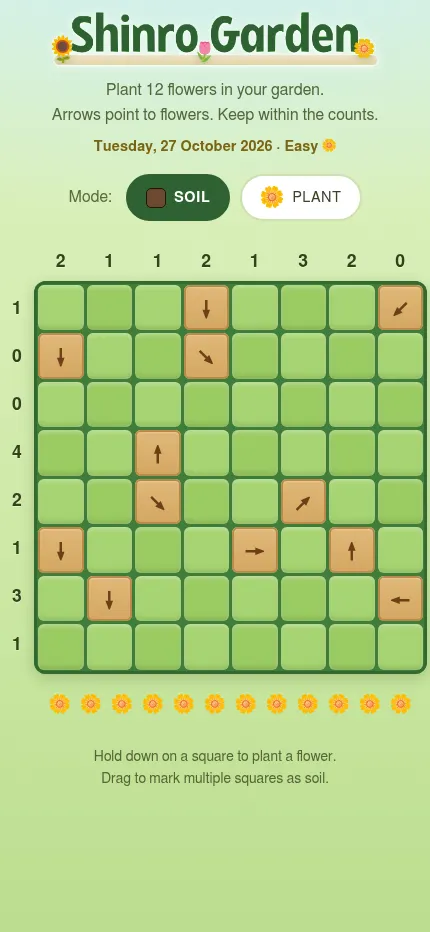 Shinro Garden at phone size on Tuesday 27 October 2026, easy: the whole 8 by 8 green garden with row and column flower counts, wooden arrow tiles and 12 flowers left to plant
