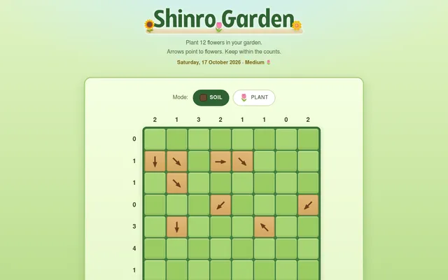 Shinro Garden's daily board for Saturday 17 October 2026, medium: an 8 by 8 green grid with row and column flower counts and wooden arrow tiles