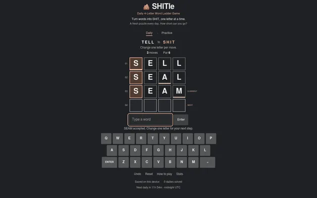 SHITle daily board for 30 October 2026: TELL to SHIT, par 6, with SELL, SEAL and SEAM entered and the on-screen keyboard below
