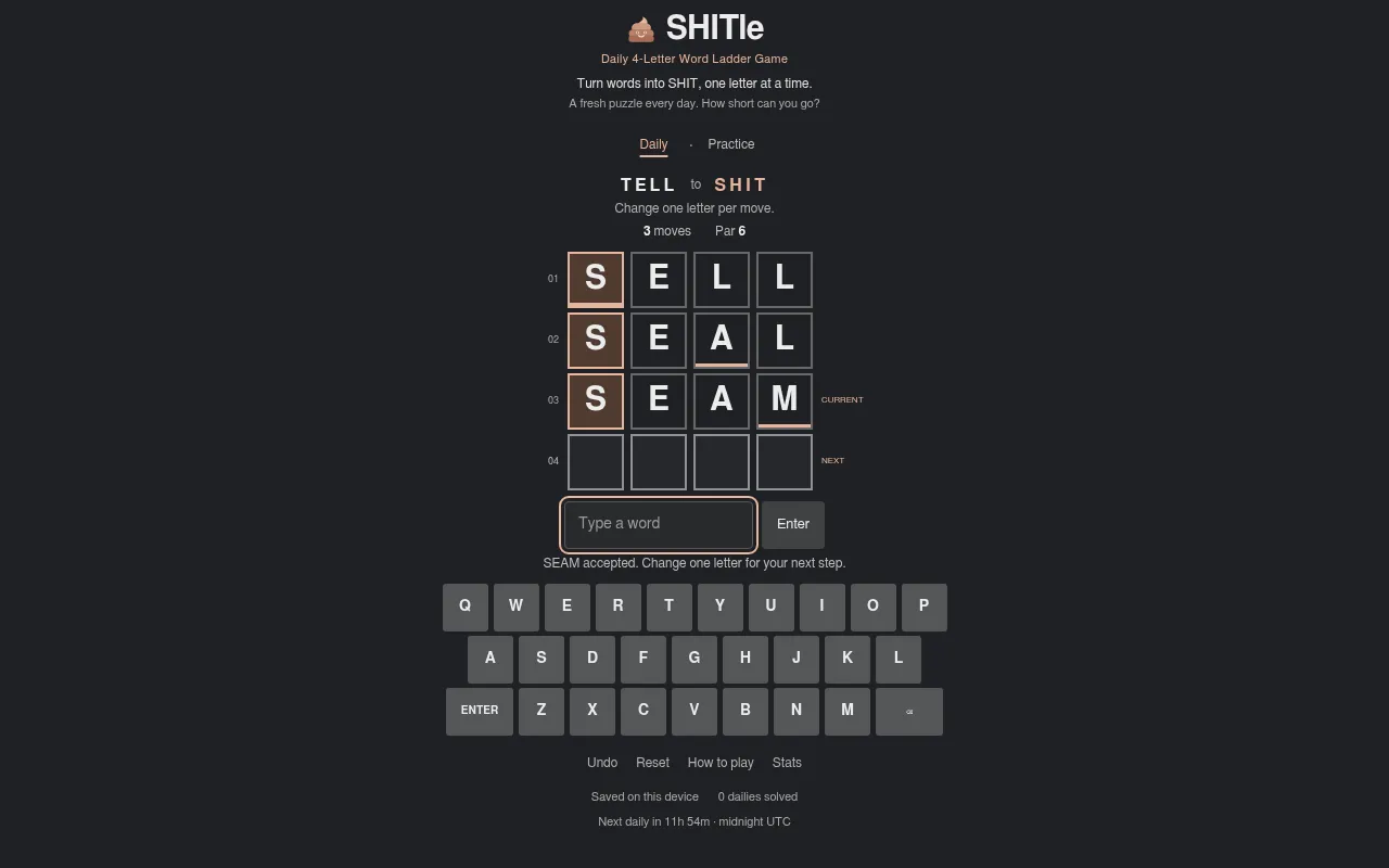 SHITle daily board for 30 October 2026: TELL to SHIT, par 6, with SELL, SEAL and SEAM entered and the on-screen keyboard below