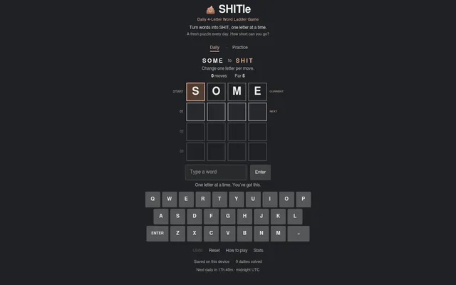 The SHITle daily board: starting word SOME to reach SHIT, par 5, with empty rungs and an on-screen keyboard