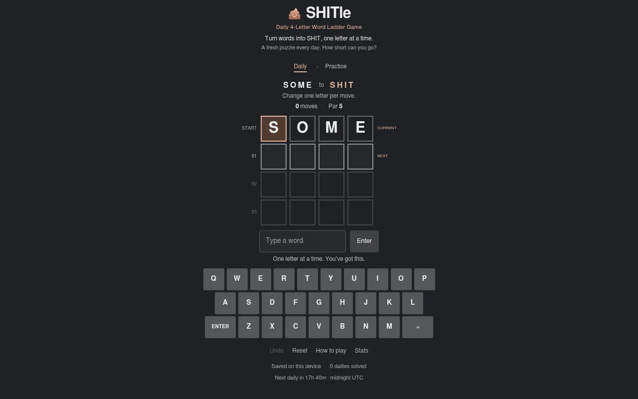 The SHITle daily board: starting word SOME to reach SHIT, par 5, with empty rungs and an on-screen keyboard