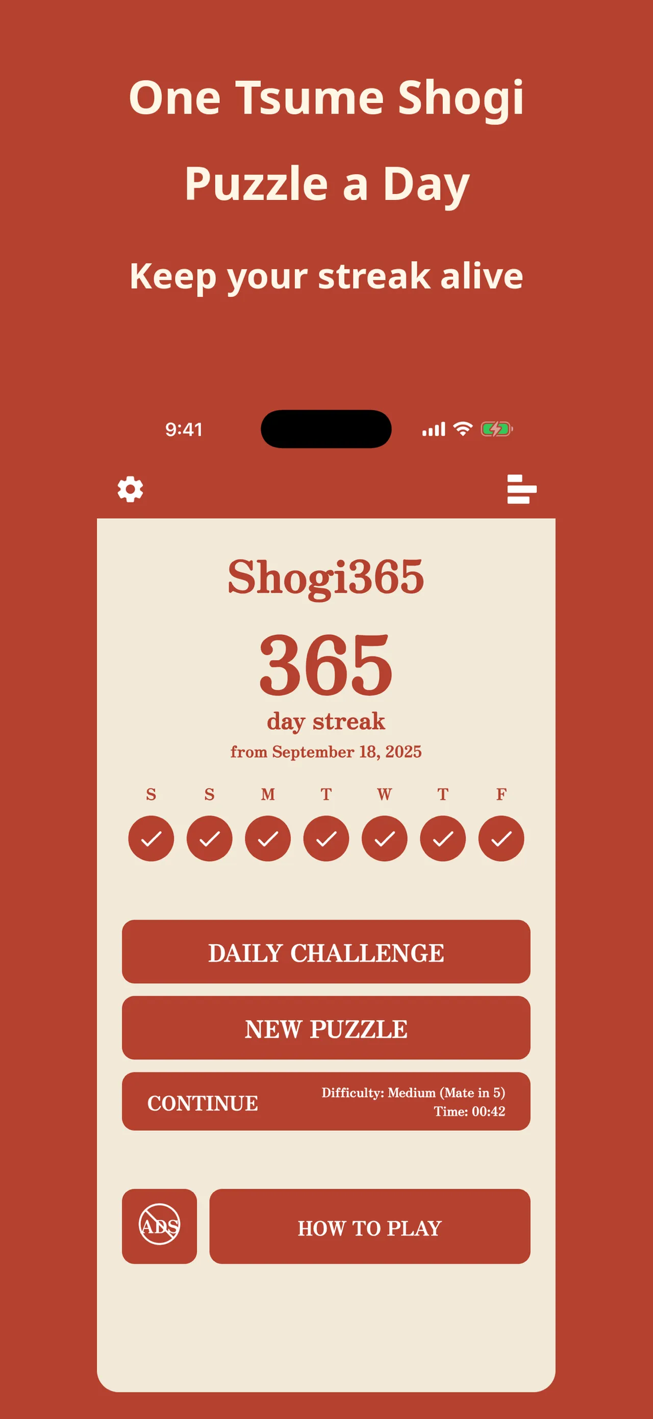 Shogi365's home screen with a 365-day streak, the week's checkmarks and a Daily Challenge button