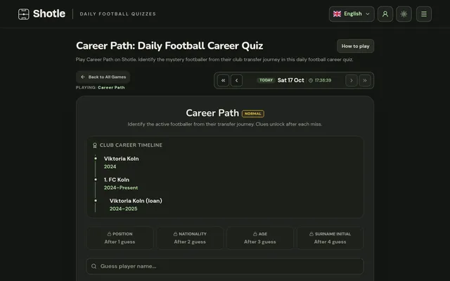 A Shotle Career Path puzzle: a club career timeline with locked clues for position, nationality, age and surname initial