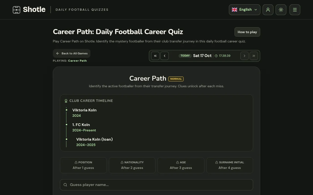 A Shotle Career Path puzzle: a club career timeline with locked clues for position, nationality, age and surname initial