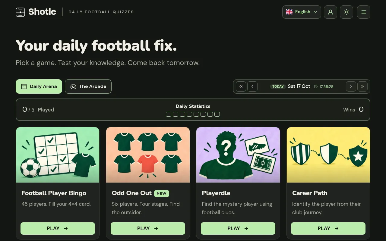 The Shotle Daily Arena home with cards for Football Player Bingo, Odd One Out, Playerdle and Career Path