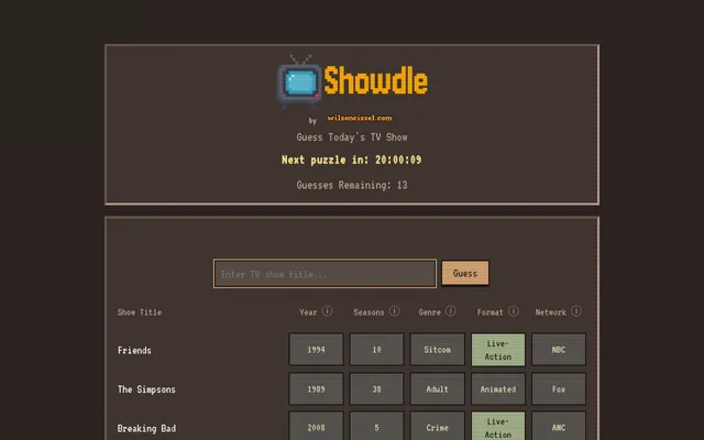 Today's Showdle board with three guesses, Friends, The Simpsons and Breaking Bad, each compared on year, seasons, genre, format and network, with Format marked green