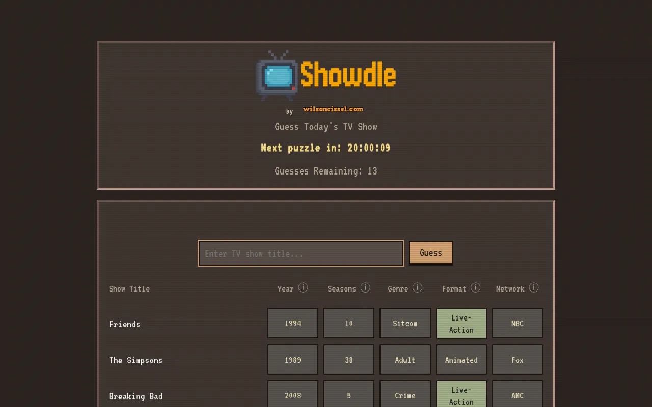Today's Showdle board with three guesses, Friends, The Simpsons and Breaking Bad, each compared on year, seasons, genre, format and network, with Format marked green
