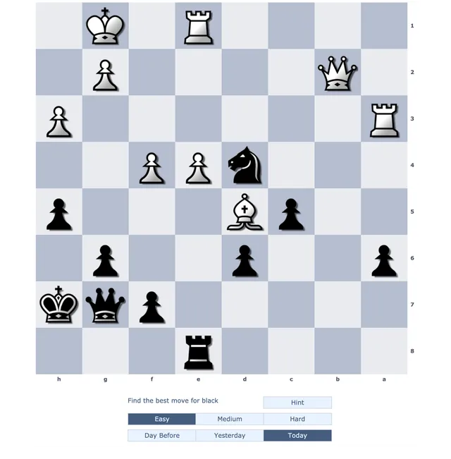 Shredder daily puzzle board asking to find the best move for black, with Easy, Medium, Hard and Day Before, Yesterday, Today buttons