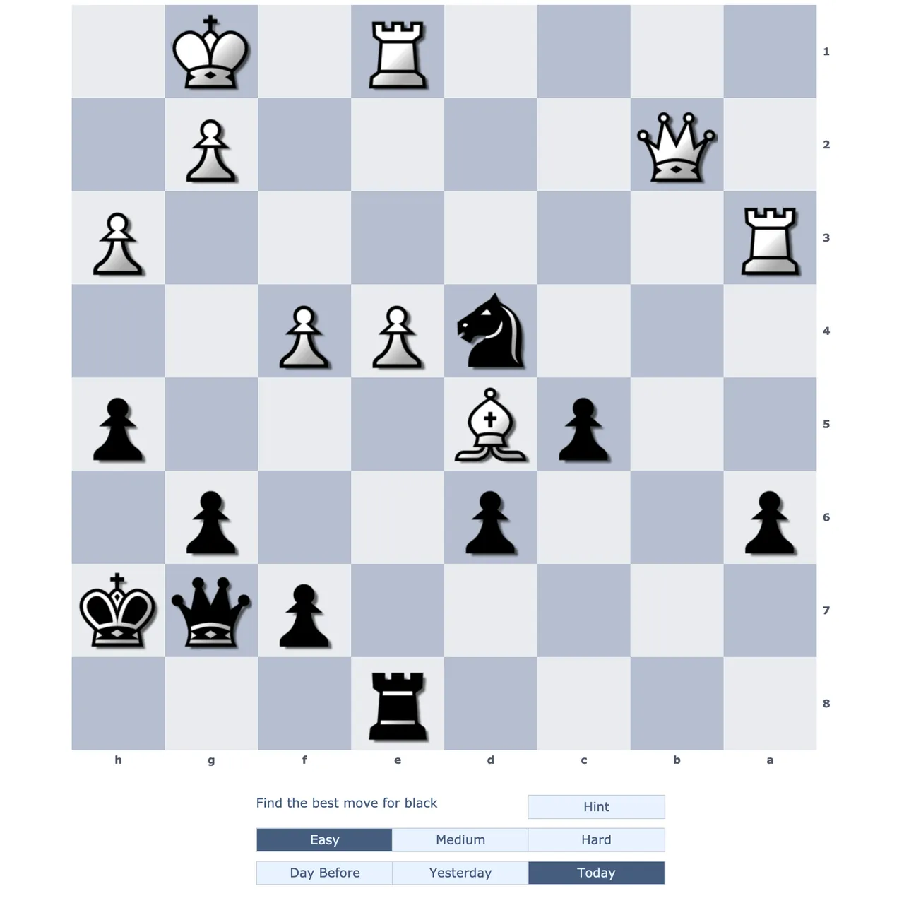 Shredder daily puzzle board asking to find the best move for black, with Easy, Medium, Hard and Day Before, Yesterday, Today buttons