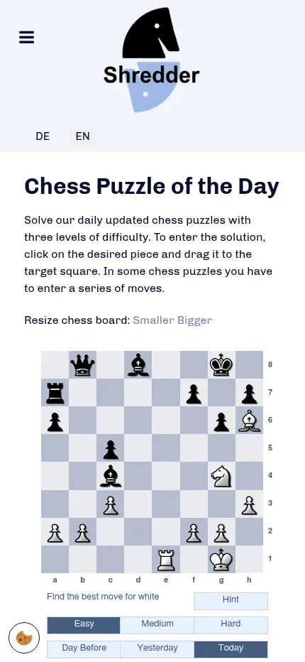 The Shredder daily chess puzzle on a phone: today's Easy position, white to move, with the level and day buttons below the board