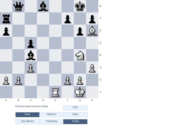 Shredder Chess Puzzle of the Day board for 20 October 2026, Easy level: find the best move for white, with Hint, Easy, Medium, Hard, Day Before, Yesterday and Today buttons