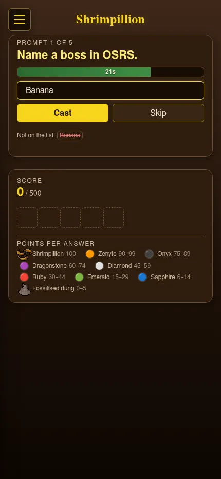 Shrimpillion cast #48 at phone size: the boss prompt with its timer bar at 21 seconds, a wrong guess struck through as not on the list, and the score panel with the gem scale below