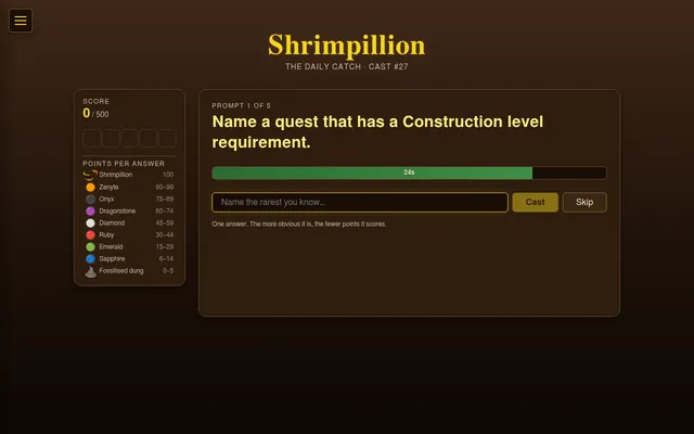 Shrimpillion cast #27, prompt 1 of 5: 'Name a quest that has a Construction level requirement' with a 30-second timer bar, an answer box with Cast and Skip, and the points scale from Fossilised dung t