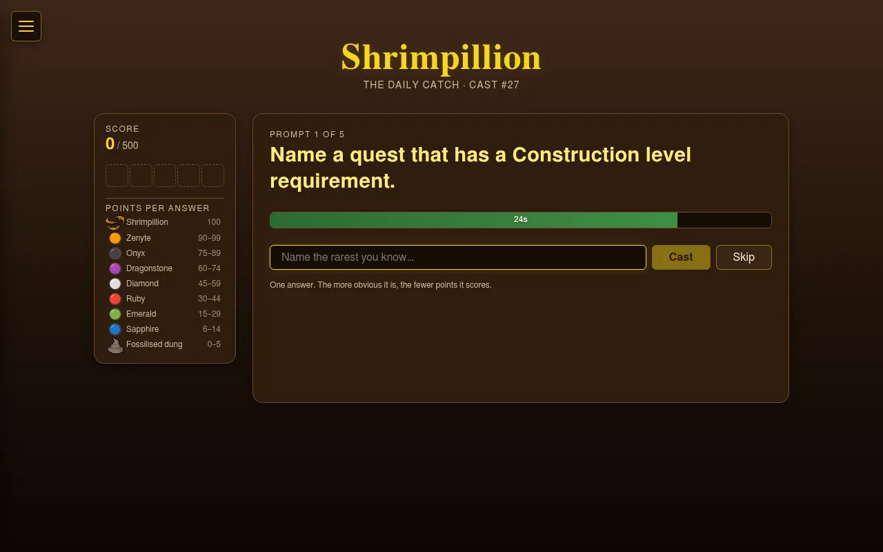 Shrimpillion cast #27, prompt 1 of 5: 'Name a quest that has a Construction level requirement' with a 30-second timer bar, an answer box with Cast and Skip, and the points scale from Fossilised dung t