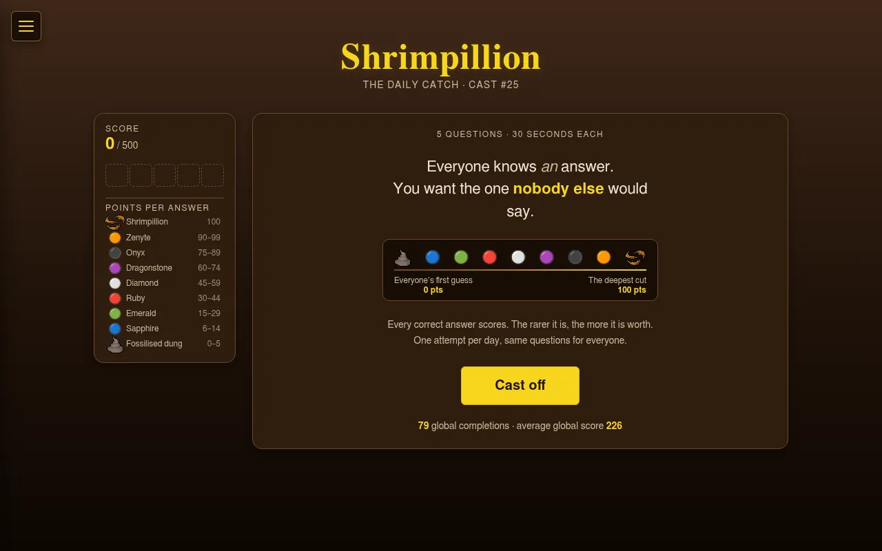 Shrimpillion's start screen for cast 25: five questions at 30 seconds each, a scale of gems from Fossilised dung at 0 points to the Shrimpillion at 100, a score panel out of 500 and the Cast off butto