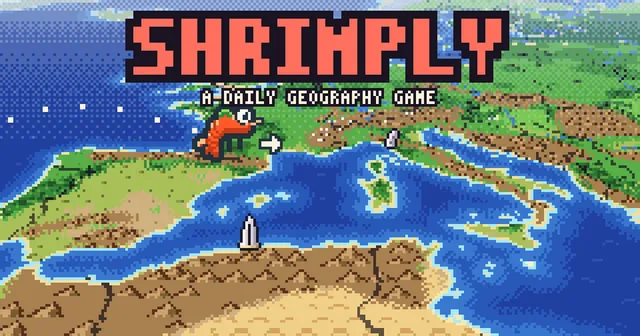 Shrimply's card: the pixel-art shrimp landing in France on a map of Europe under the title A daily geography game