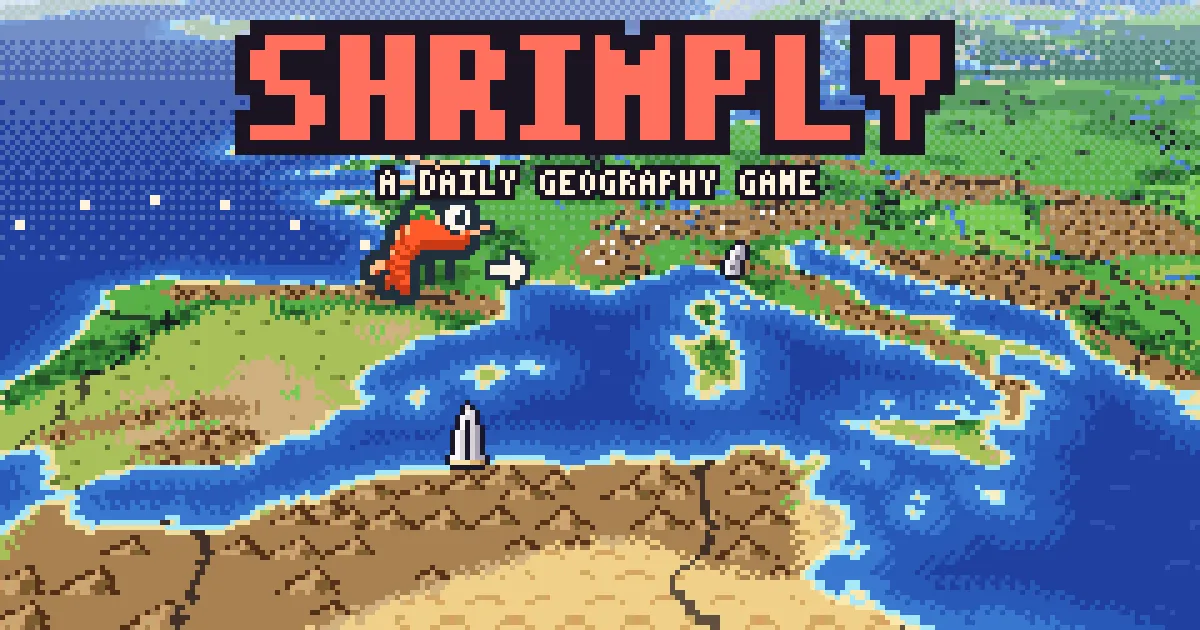 Shrimply's card: the pixel-art shrimp landing in France on a map of Europe under the title A daily geography game