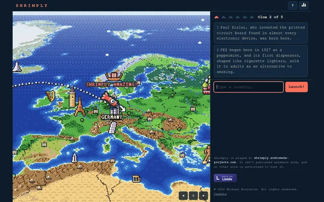 Today's Shrimply board on a desktop: the pixel-art shrimp lands on Germany over a map of Europe with 'Shrimply amazing', beside the first two clues and the guess box